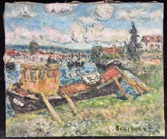 Mid 20th Century French Post-Impressionist Signed Oil Boatyard River Landscape