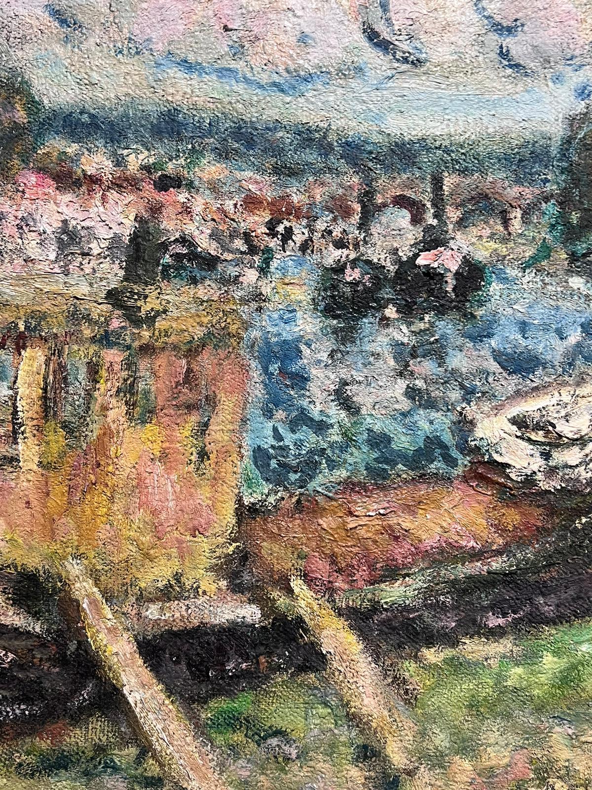 Mid 20th Century French Post-Impressionist Signed Oil Boatyard River Landscape 3