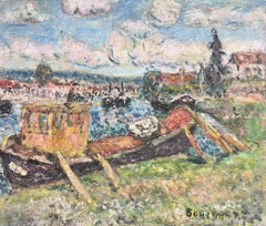 Mid 20th Century French Post-Impressionist Signed Oil Boatyard River Landscape