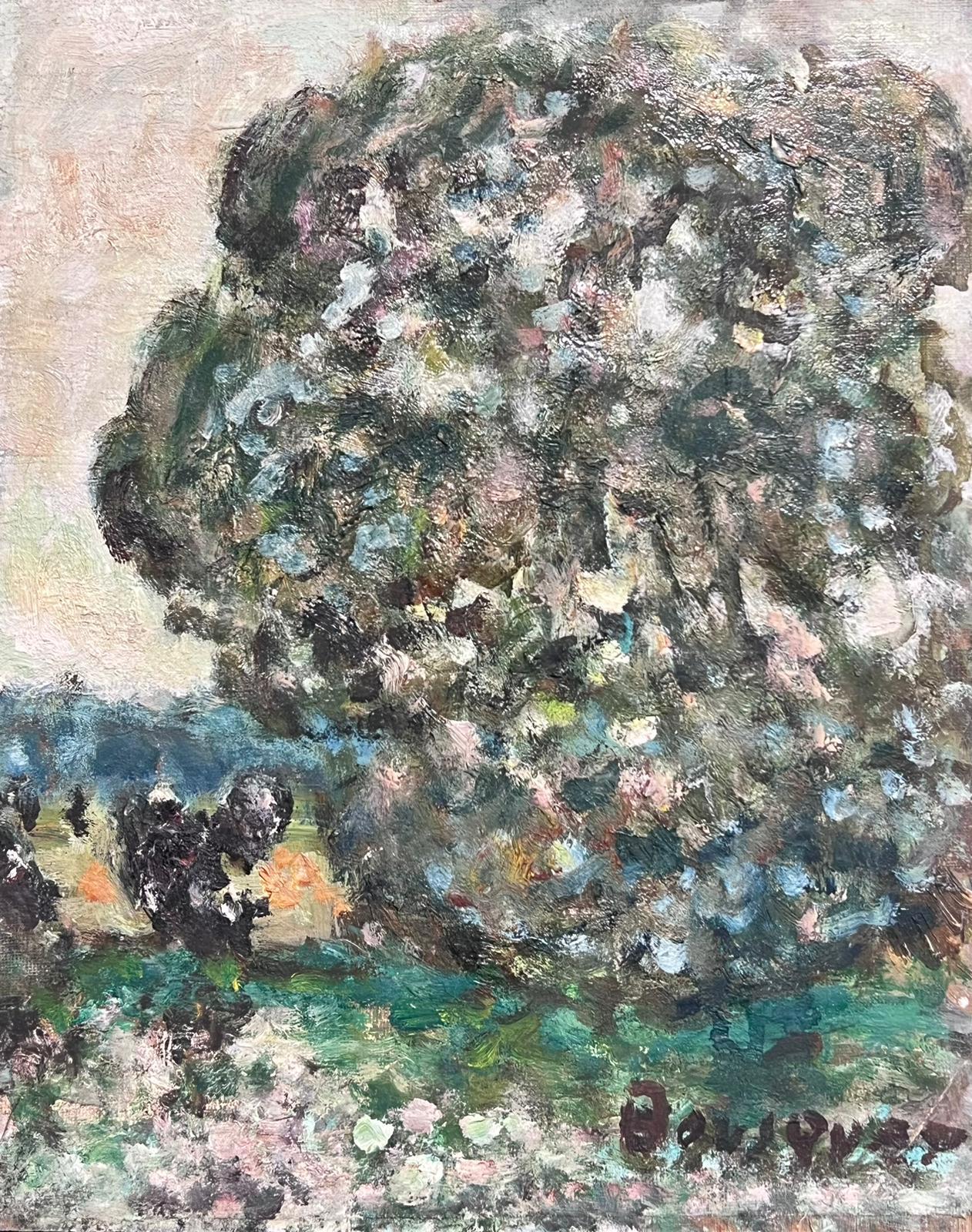 Georges Bousquait Animal Painting - Mid 20th Century French Post-Impressionist Signed Oil Dotty Tree Landscape