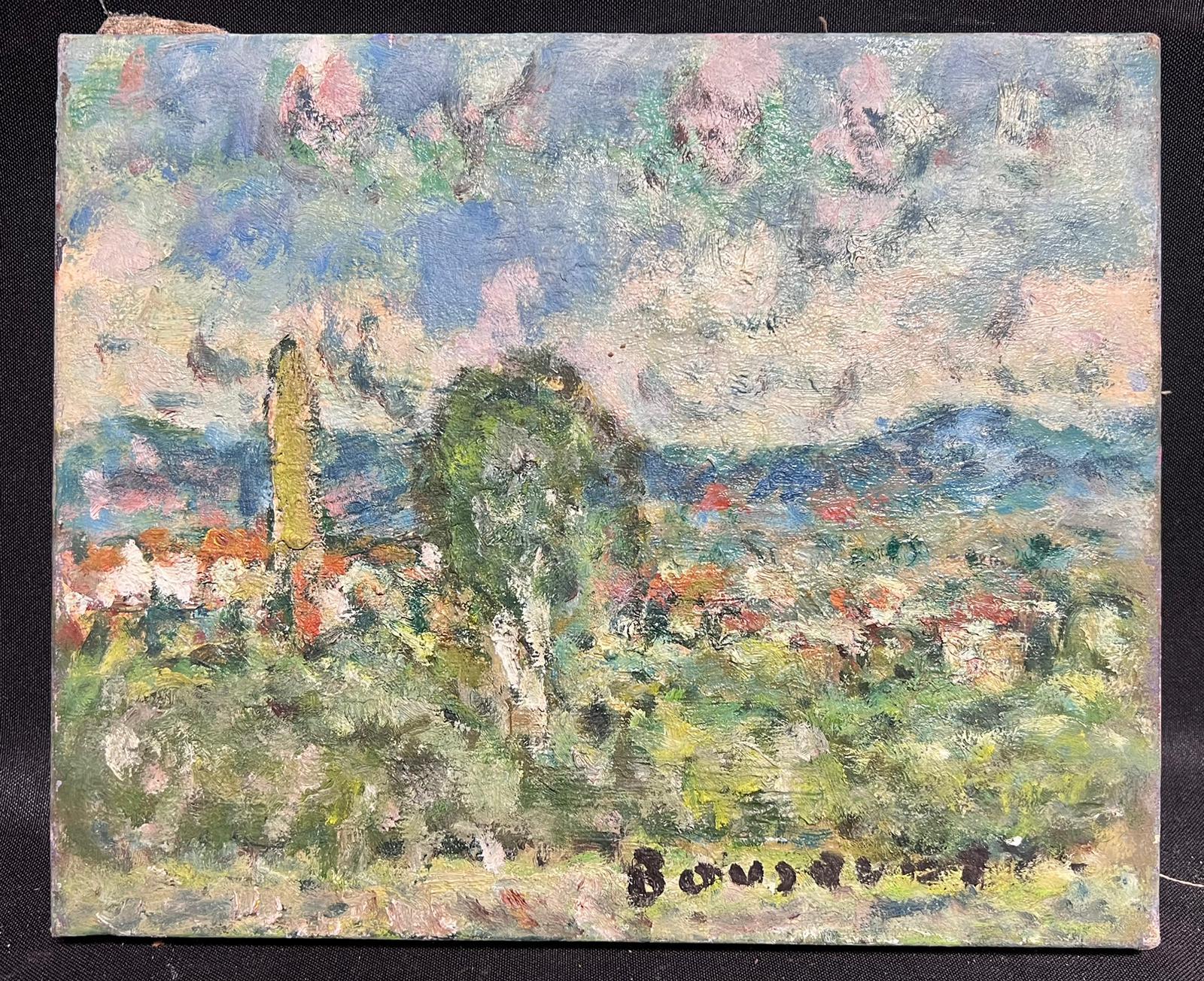 Mid 20th Century French Post-Impressionist Signed Oil Dotty Tree Town Landscape  - Painting by Georges Bousquait