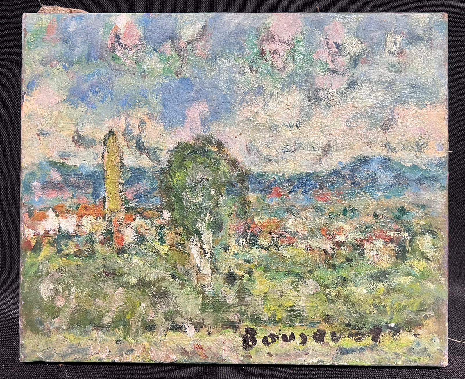 Mediados del siglo XX French mid 20th Post-Impressionist Oleo Firmado Dotty Tree Town Landscape - Painting de Georges Bousquait