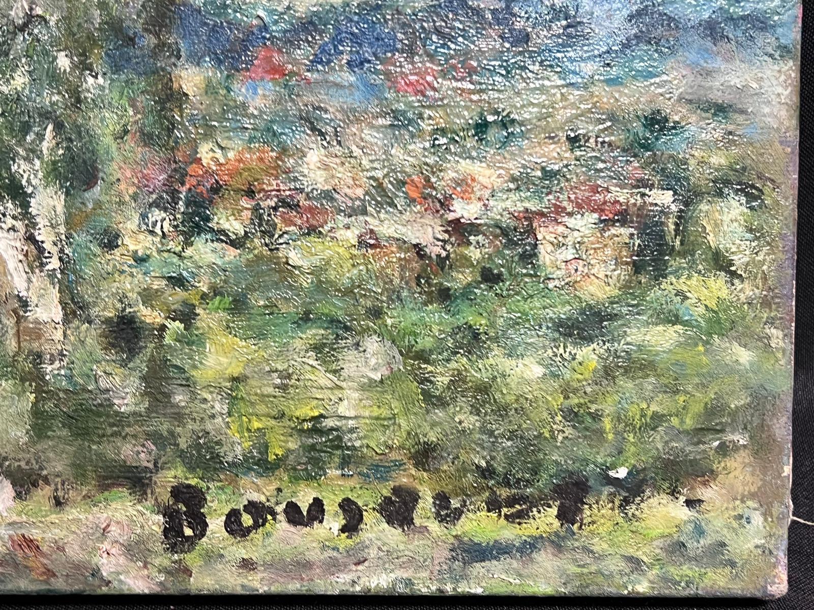 Mitte des 20. Jahrhunderts Französisch Post-Impressionist signiert Öl Dotty Baum Townes Landschaft  (Moderne), Painting, von Georges Bousquait