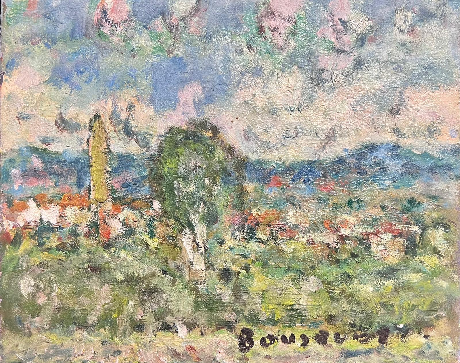 Mid 20th Century French Post-Impressionist Signed Oil Dotty Tree Town Landscape 