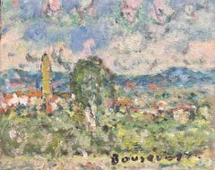 Vintage Mid 20th Century French Post-Impressionist Signed Oil Dotty Tree Town Landscape 