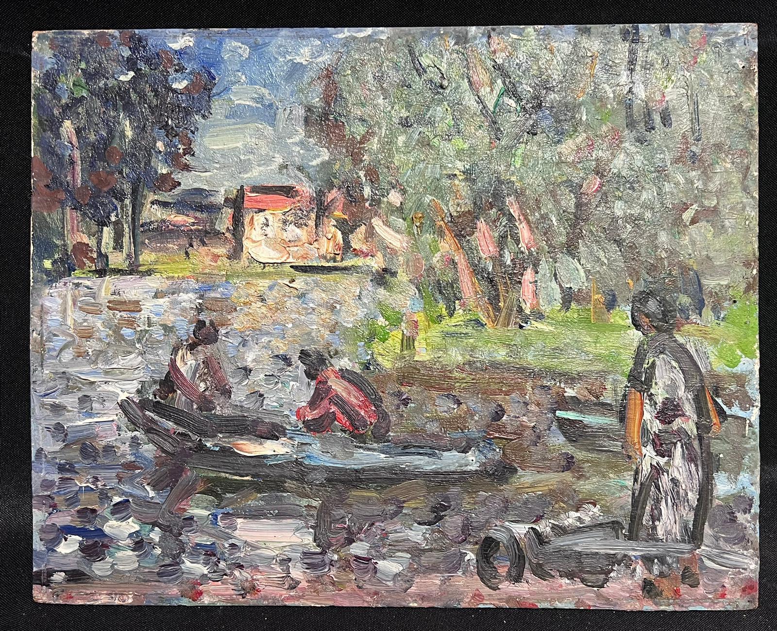 Mid 20th Century French Post-Impressionist Signed Oil Figures Rowing In Lake - Painting by Georges Bousquait