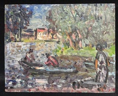 Mid 20th Century French Post-Impressionist Signed Oil Figures Rowing In Lake