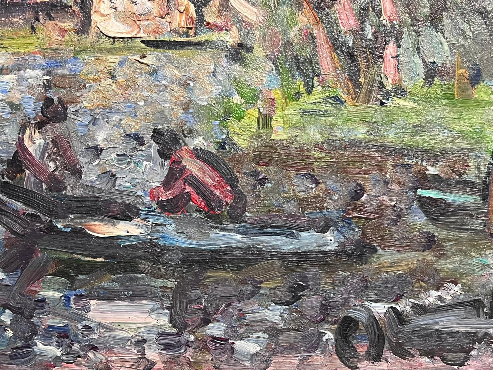 Mid 20th Century French Post-Impressionist Signed Oil Figures Rowing In Lake - Modern Painting by Georges Bousquait