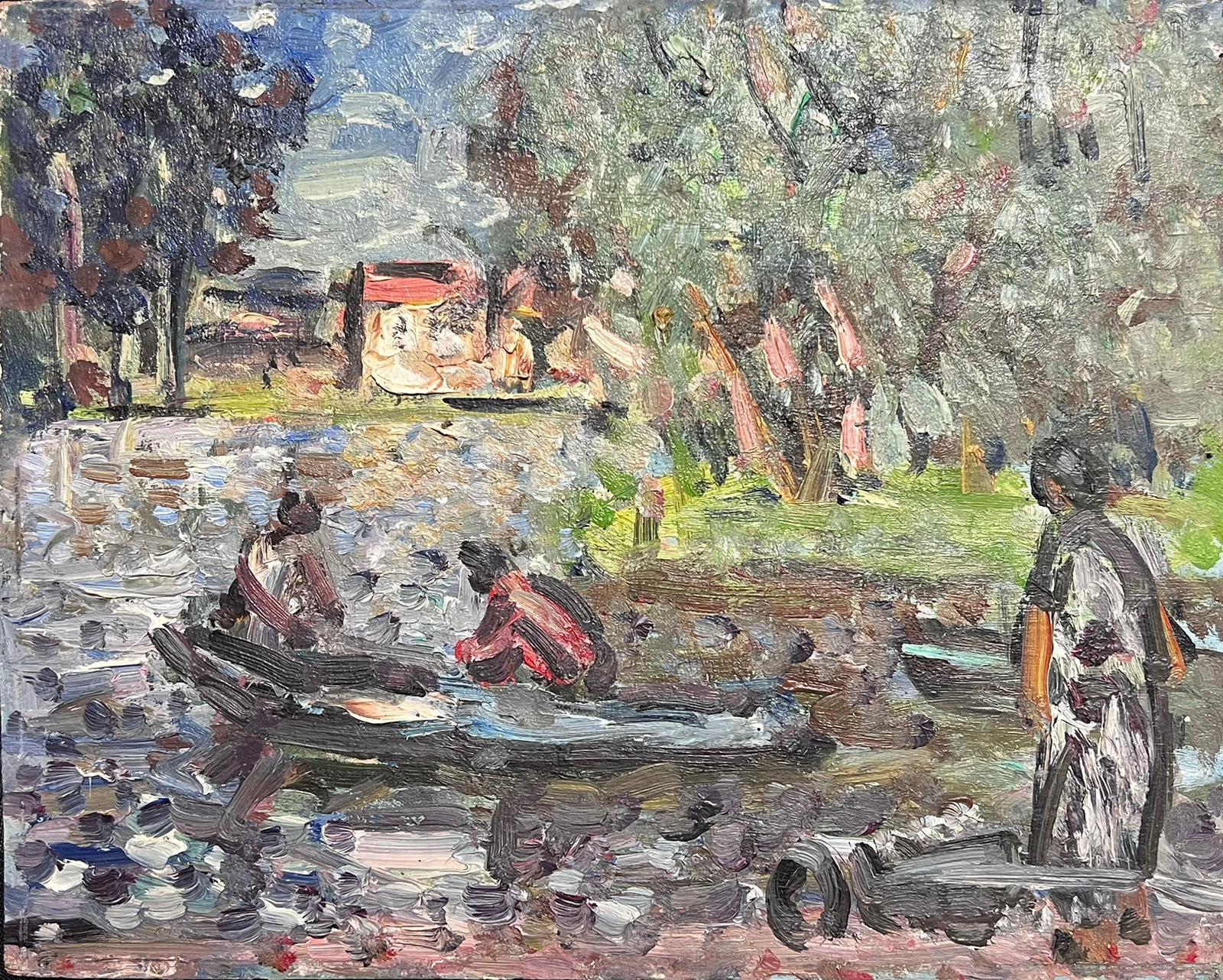 Georges Bousquait Landscape Painting - Mid 20th Century French Post-Impressionist Signed Oil Figures Rowing In Lake