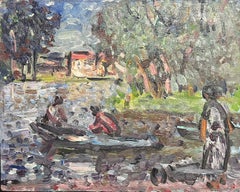 Vintage Mid 20th Century French Post-Impressionist Signed Oil Figures Rowing In Lake