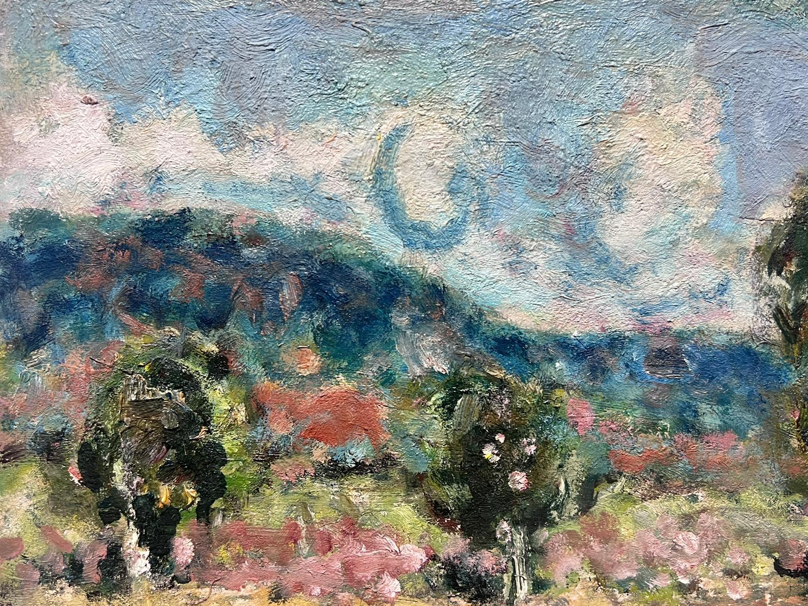 Französische postimpressionistische, signierte Öl-Landschaft mit flauschigen Wolken, Mitte des 20. Jahrhunderts (Post-Impressionismus), Painting, von Georges Bousquait