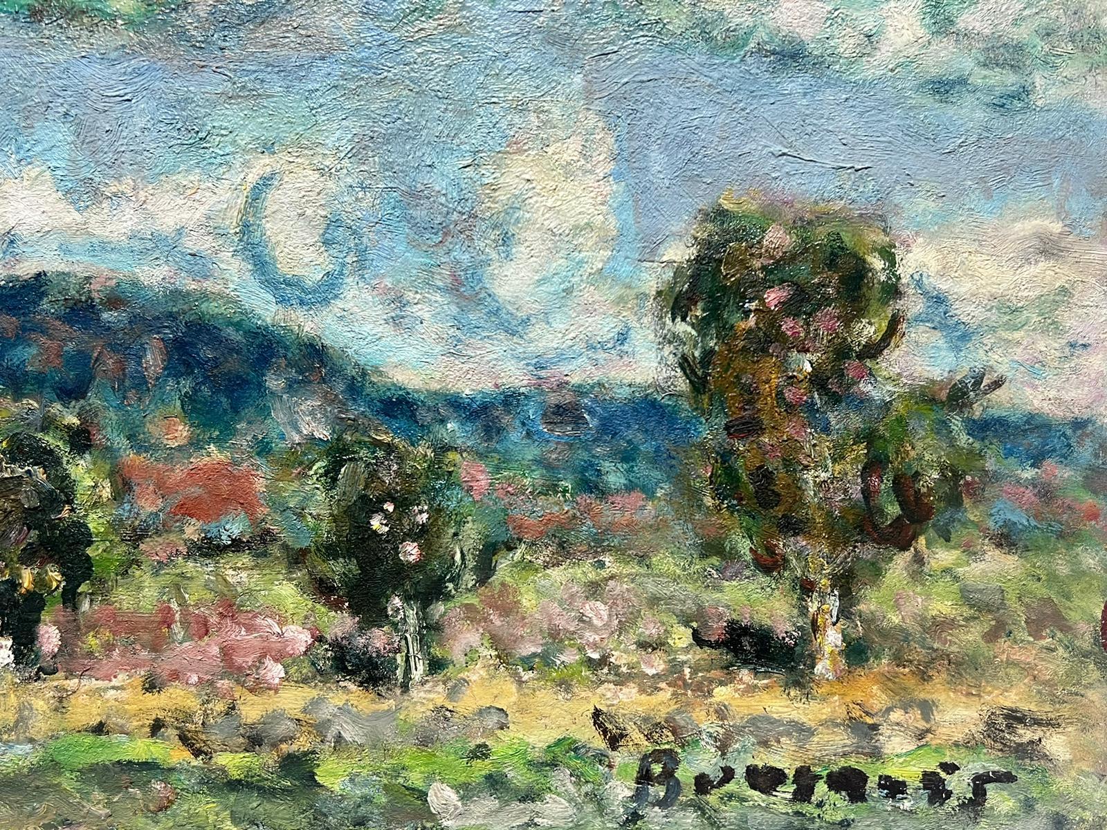 Mid 20th Century French Post-Impressionist Signed Oil Fluffy Clouds Landscape For Sale 1