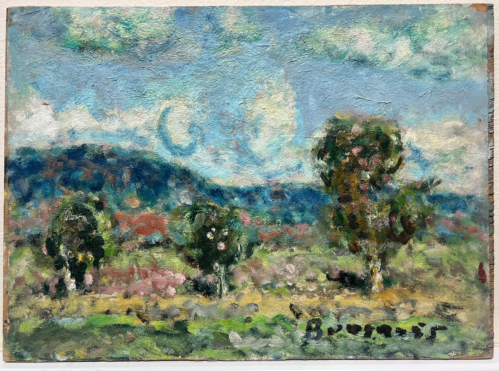 Mid 20th Century French Post-Impressionist Signed Oil Fluffy Clouds Landscape For Sale 2