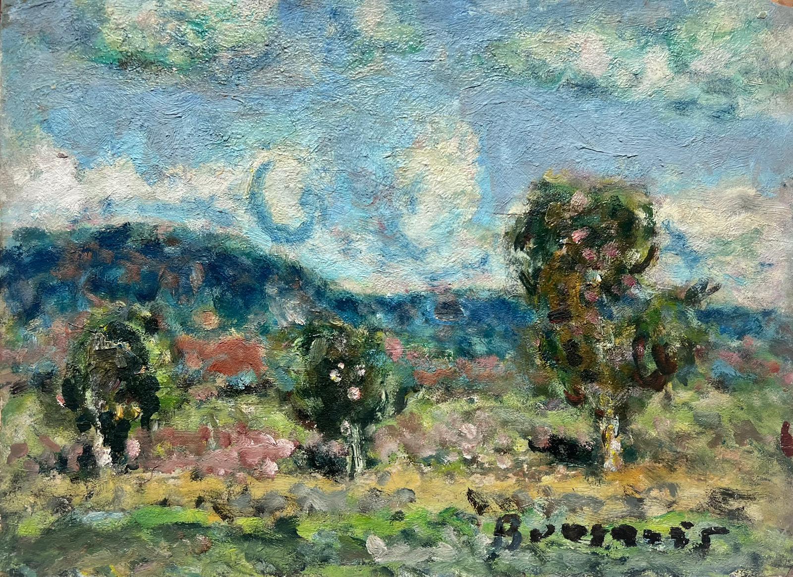Georges Bousquait Abstract Painting – Französische postimpressionistische, signierte Öl-Landschaft mit flauschigen Wolken, Mitte des 20. Jahrhunderts