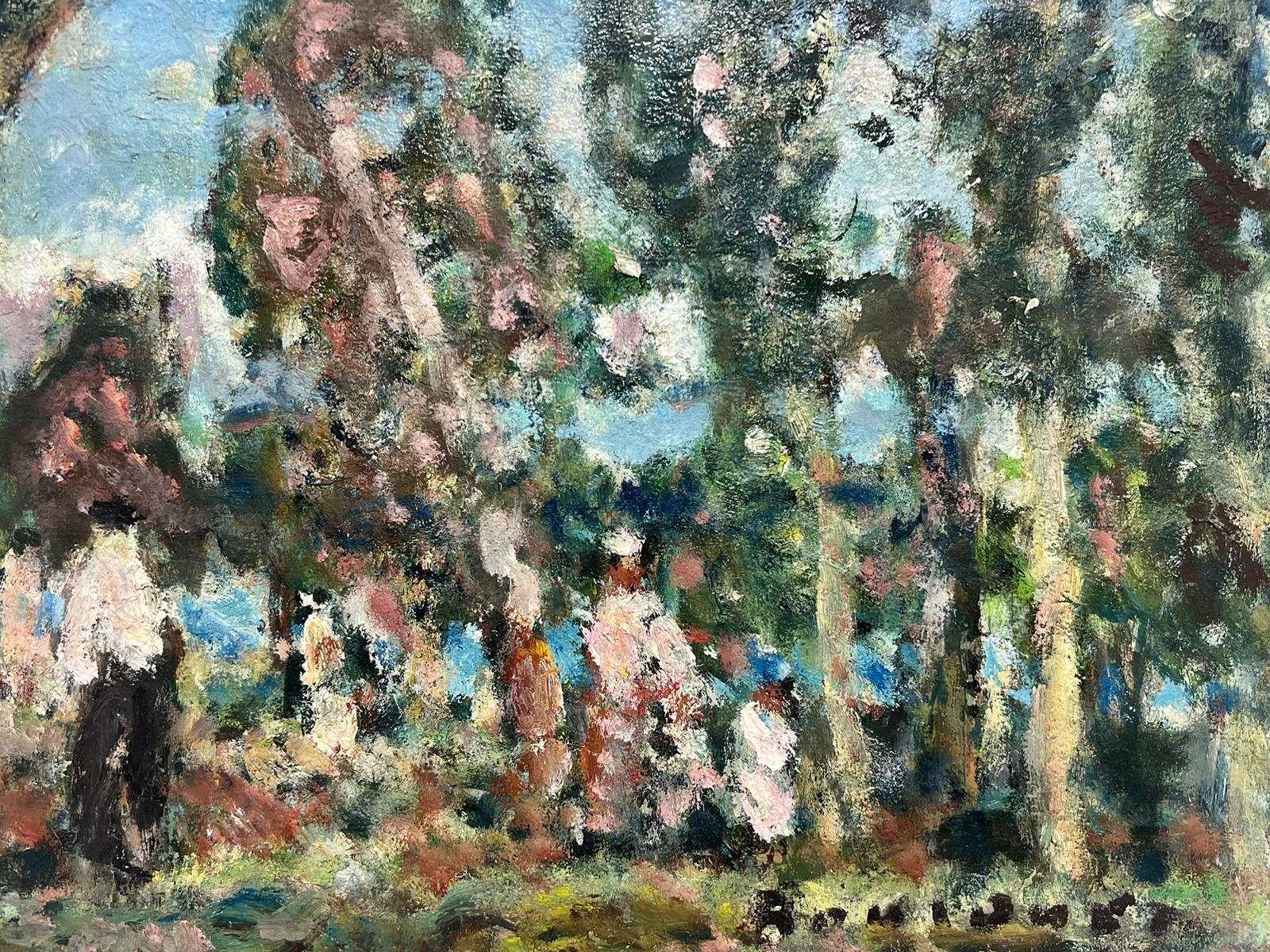 Figures blanches post-impressionnistes du milieu du 20e siècle dans un paysage de bois - Painting de Georges Bousquait