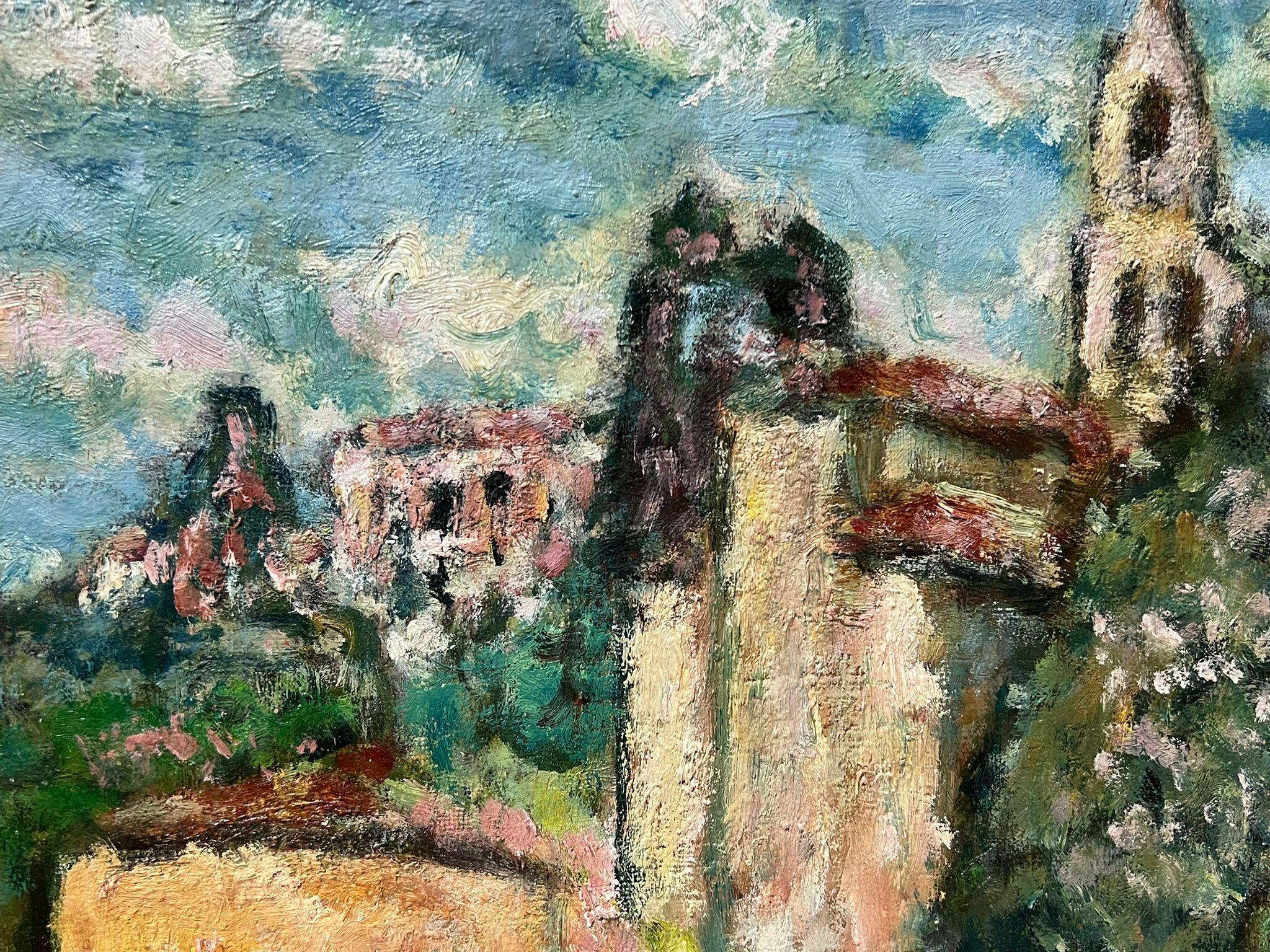 Olio della metà del XX secolo firmato Post-Impressionista La Cassaigne Townes On Hill - Painting di Georges Bousquait