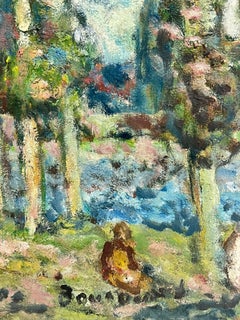 Tall Trees in Lake Landscape Signed French Post-Impressionist Oil Painting