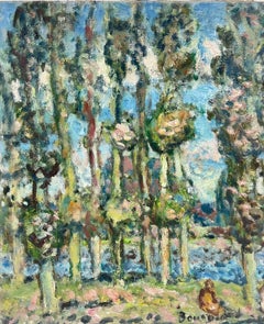 Tall Trees in Lake Landscape Signed French Post-Impressionist Oil Painting
