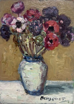 Vase de fleurs Peinture à l'huile française post-impressionniste signée 20e siècle