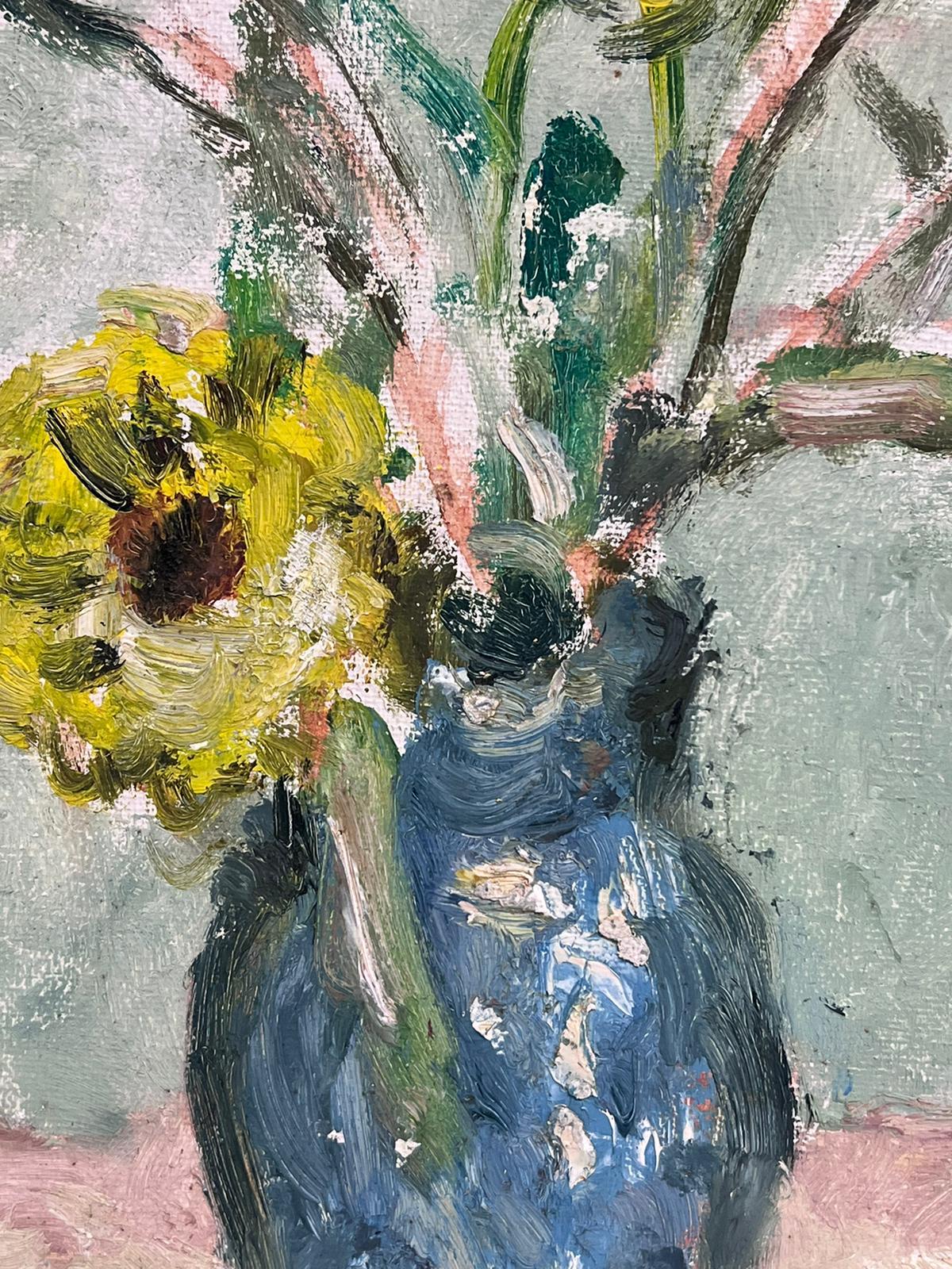 Yellow Flowers in Blue Vase Signed French Post Impressionist Oil Painting 2