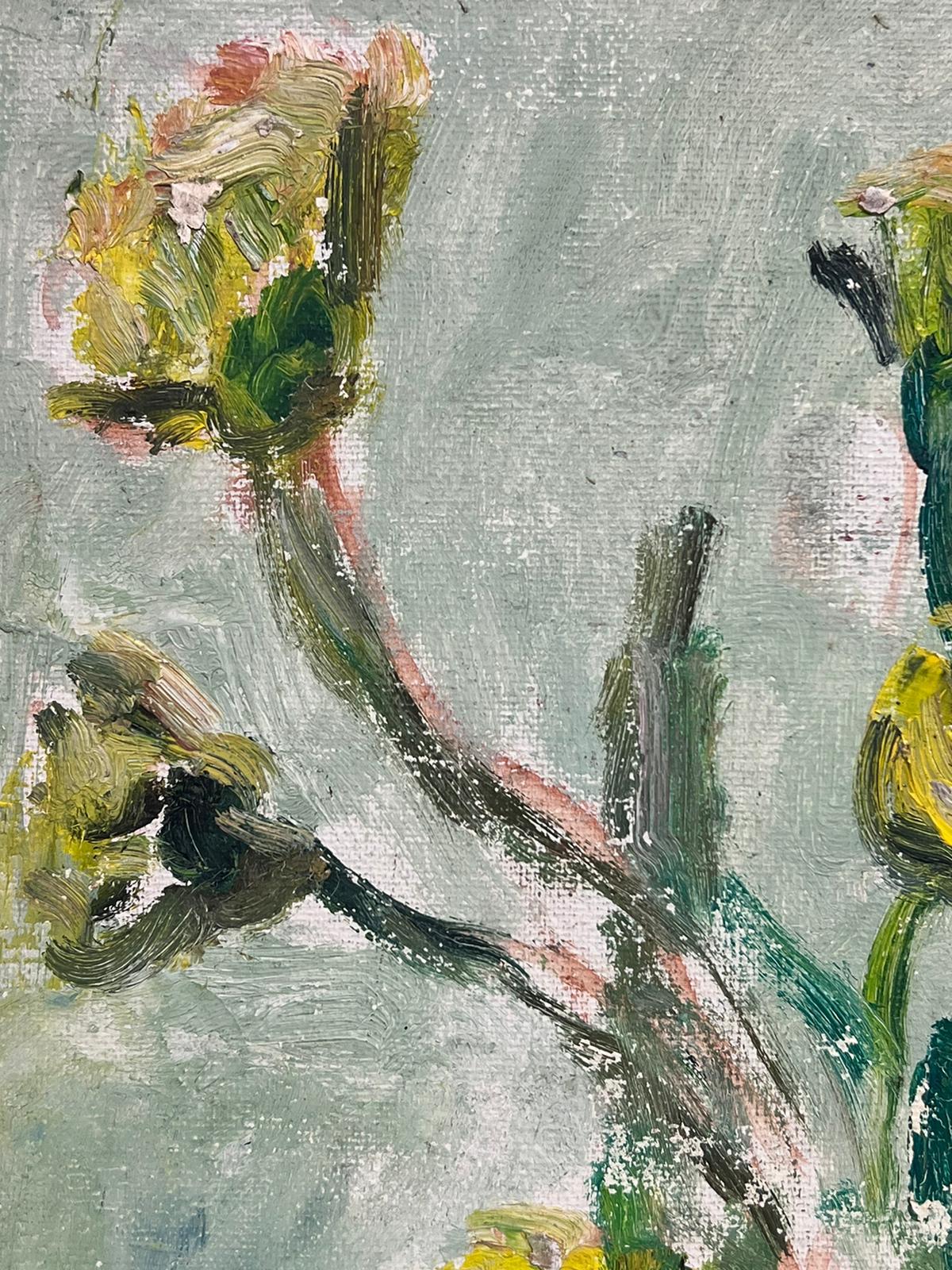 Yellow Flowers in Blue Vase Signed French Post Impressionist Oil Painting 3