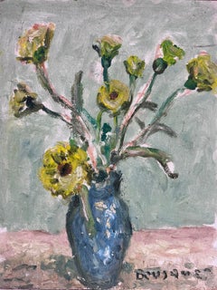 Yellow Flowers in Blue Vase Signed French Post Impressionist Oil Painting