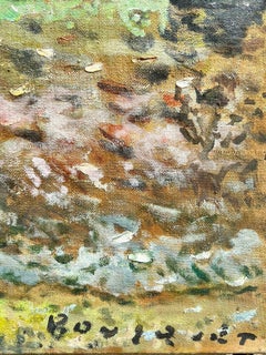 1960's Signed French Post Impressionist Oil Houses by the River Green Landscape