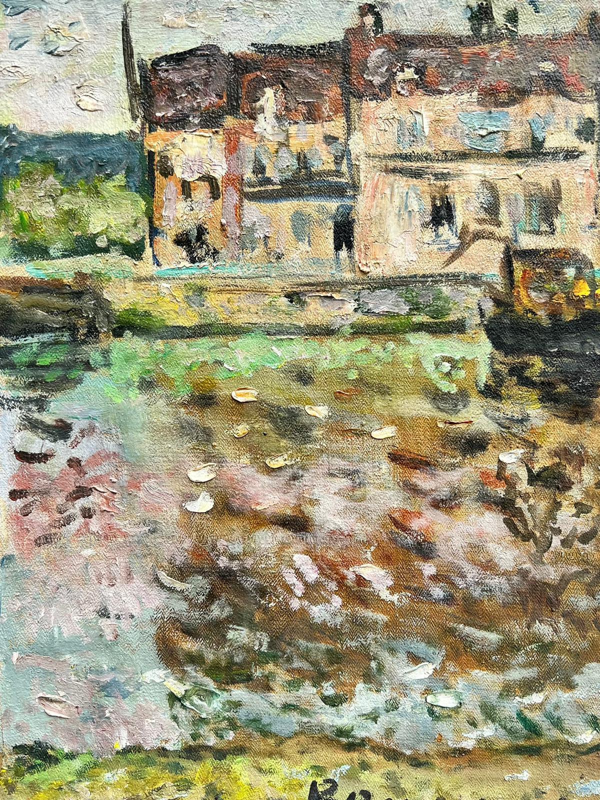 Houses by the River
by Georges Bousquet (1904-1976)
signed
inscribed verso
oil painting on canvas, unframed
canvas: 14 x 10.5 inches
provenance: private collection, Brittany, France
condition: very good and sound condition 
