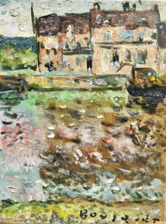 1960's Signed French Post Impressionist Oil Houses by the River Green Landscape