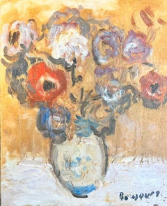 French Post Impressionist Signed Oil Still Life Flowers in Vase