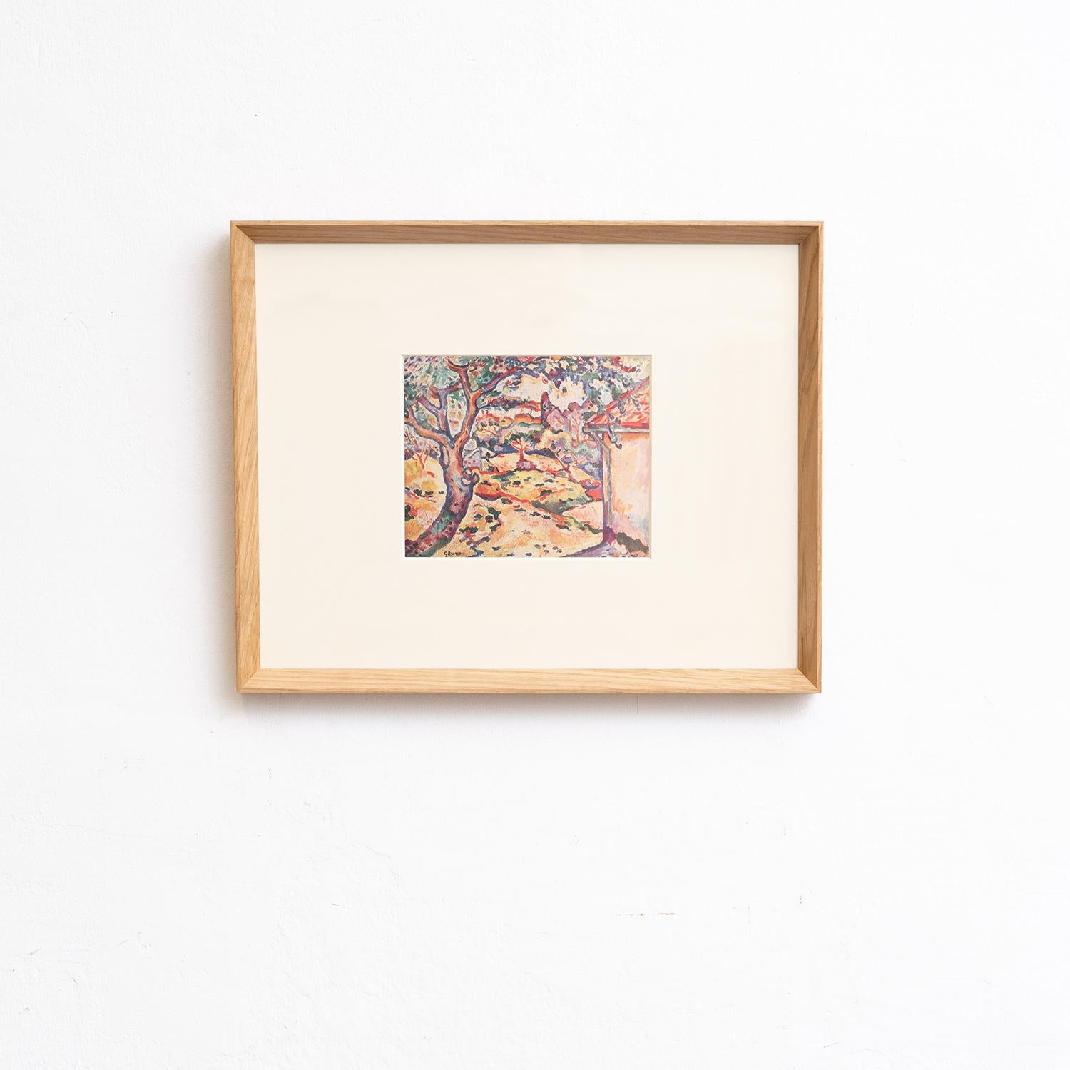 Tauchen Sie ein in die innovative Welt von Georges Braque mit diesem farbenfrohen Klischeedruck aus der Fauves-Kollektion, die 1948 von Editions du Chêne in Paris, Frankreich, sorgfältig herausgegeben wurde. Dieses wunderschön in Massivholz gerahmte