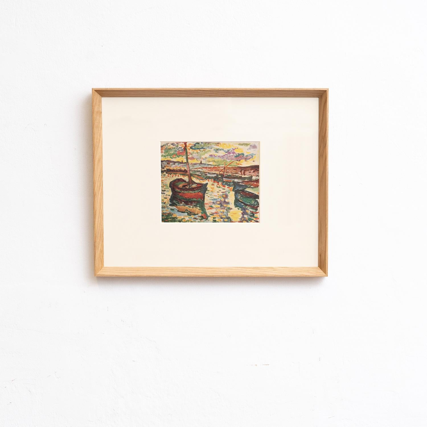 Tauchen Sie ein in die innovative Welt von Georges Braque mit diesem farbenfrohen Klischeedruck aus der Fauves-Kollektion, die 1948 von Editions du Chêne in Paris, Frankreich, sorgfältig herausgegeben wurde. Dieses wunderschön in Massivholz gerahmte