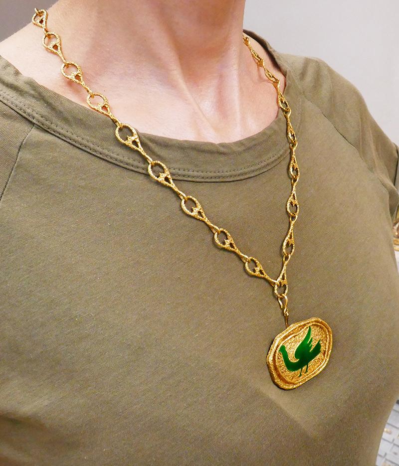 Women's or Men's Georges Braque Birds Procris Vintage Brooch Pin Pendant Necklace 18k Gold Enamel