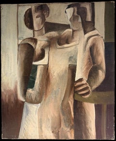 Bellissima pittura ad olio cubista francese di grandi dimensioni, lavoro figurativo