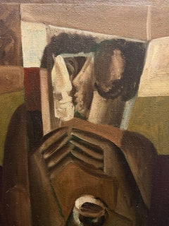 Early 20th Century French Cubist Oil Painting Brown Figurative Dramatic Work
