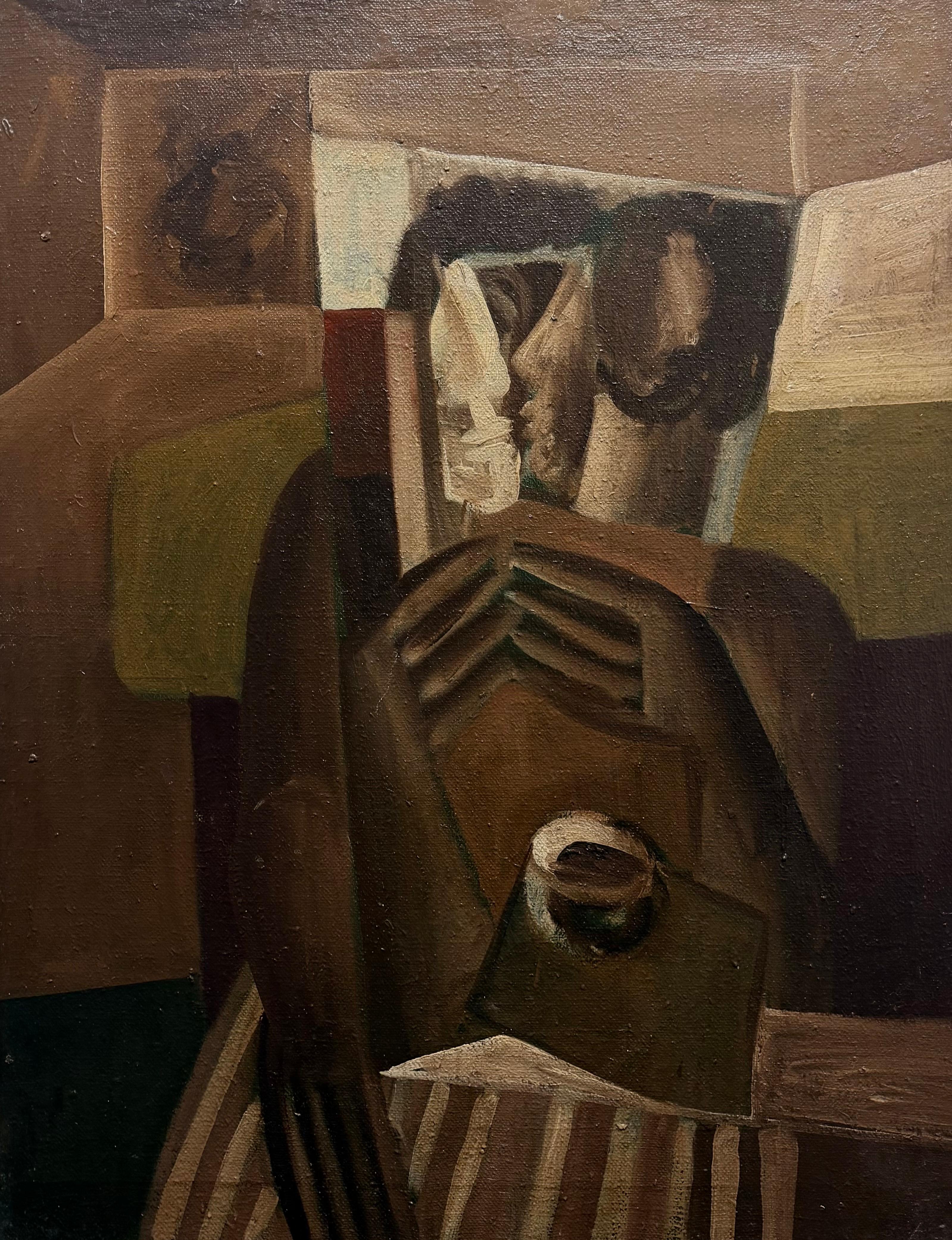 Early 20th Century French Cubist Oil Painting Brown Figurative Dramatic Work