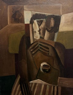 Early 20th Century French Cubist Oil Painting Brown Figurative Dramatic Work