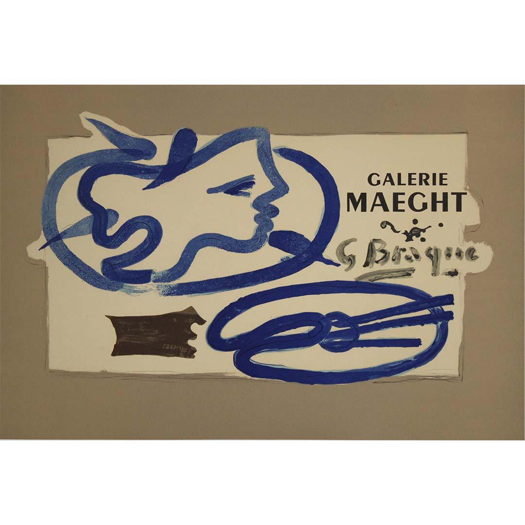 This rare 1950 original poster by Georges Braque for the Galerie Maeght is a striking example of how one of the founders of Cubism translated his painterly language into the medium of graphic art. Rather than functioning as a conventional exhibition