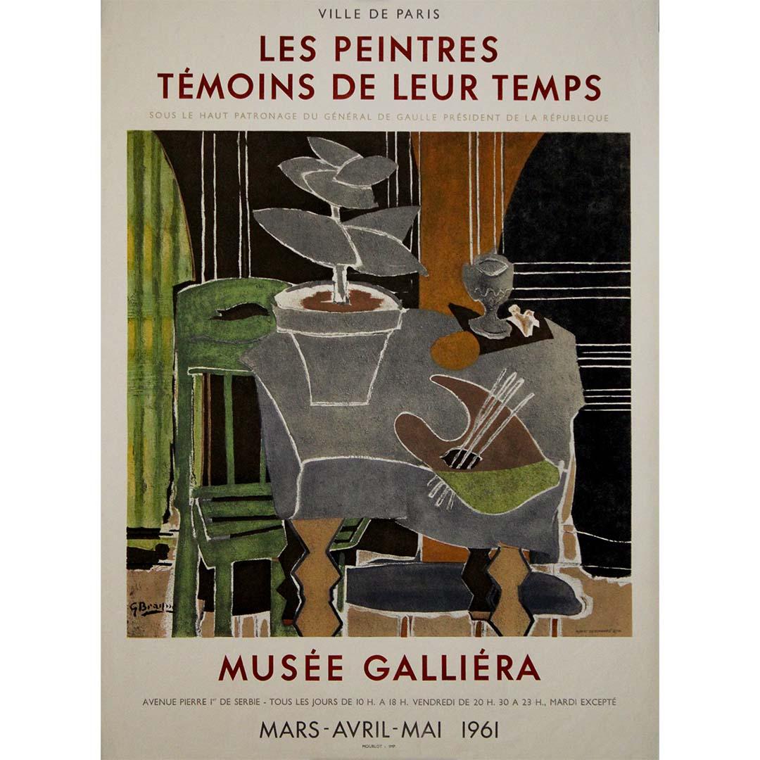 Questo poster originale del 1961, disegnato da Georges Braque, è stato creato per la prestigiosa mostra annuale "Les Peintres Témoins de Leur Temps" al Musée Galliera di Parigi. Questo evento, iniziato nel 1951, metteva in mostra le opere di pittori