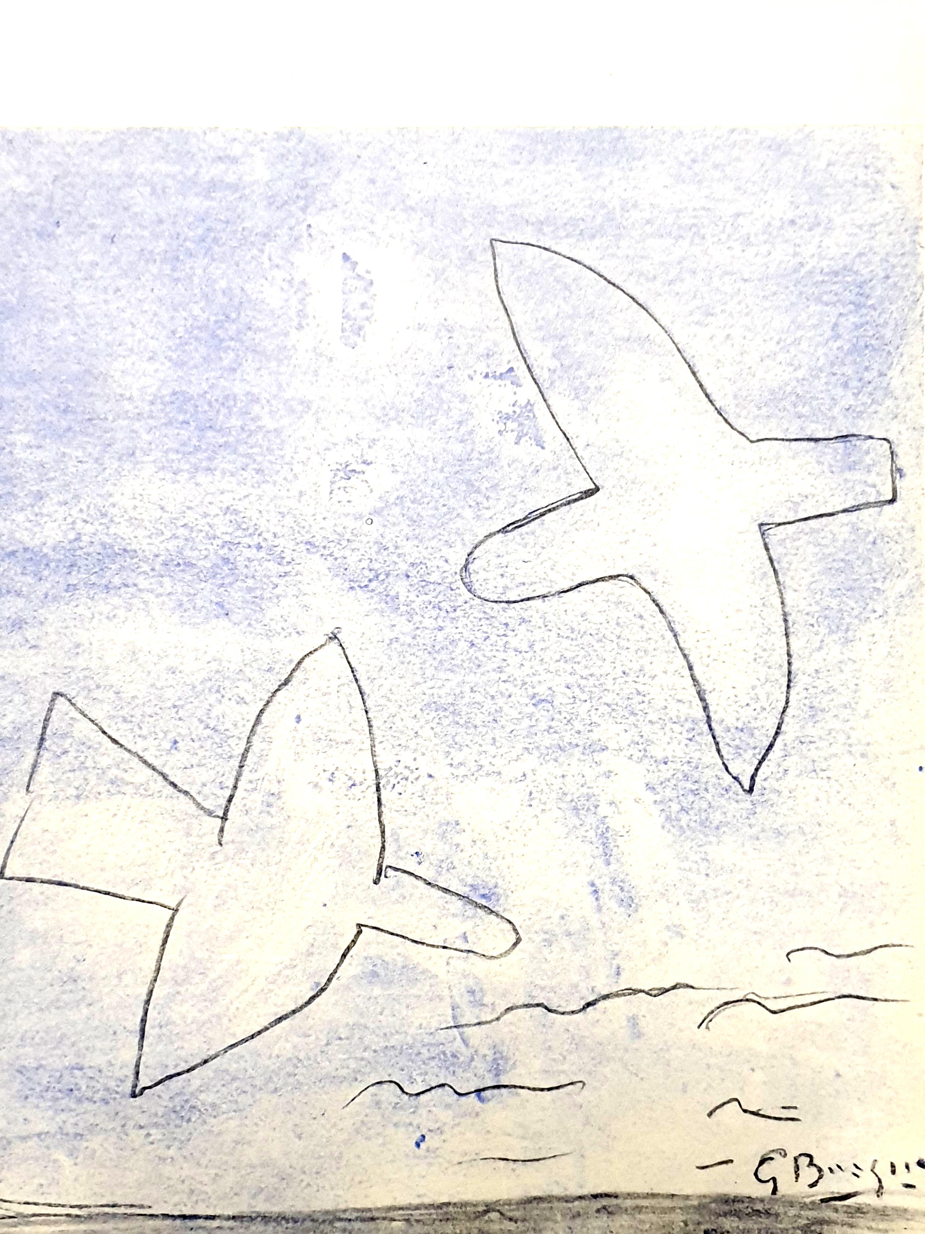 nach Georges Braque
Oiseaux
Farbiges Pochoir auf Papier
Veröffentlicht in der luxuriösen Kunstzeitschrift XXe Siecle (Ausgabe Nr. 11 "Les nouveaux rapports de l'art et de la nature")
1958
Abmessungen: 32 x 24 cm
Herausgeber: G. di San