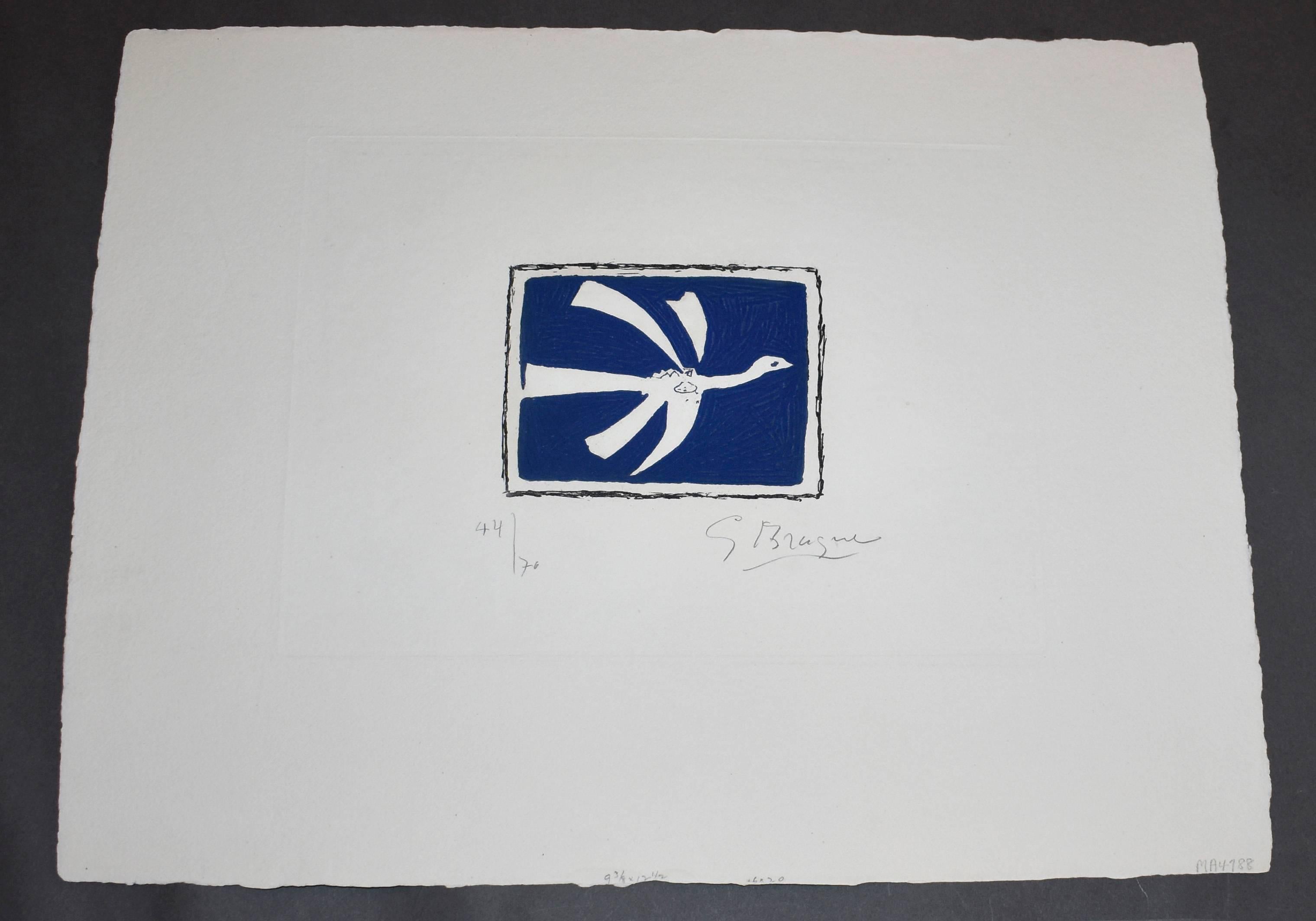 Artist: Georges Braque
Medium: Aquatint
Portfolio: Août
Year: 1958
Edition: 44/70
Framed Size: 25 1/4 x 28 inches
Image Size: 4 x 5 inches
Sheet Size: 8 3/4 x 11 inches (plate size)
Reference: Vallier 135