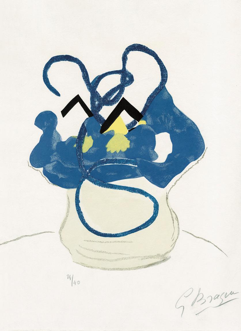 Still-Life Print di Georges Braque - Bouquet: Fleurs bleues - Vaso di fiori blu moderno, incisione su legno