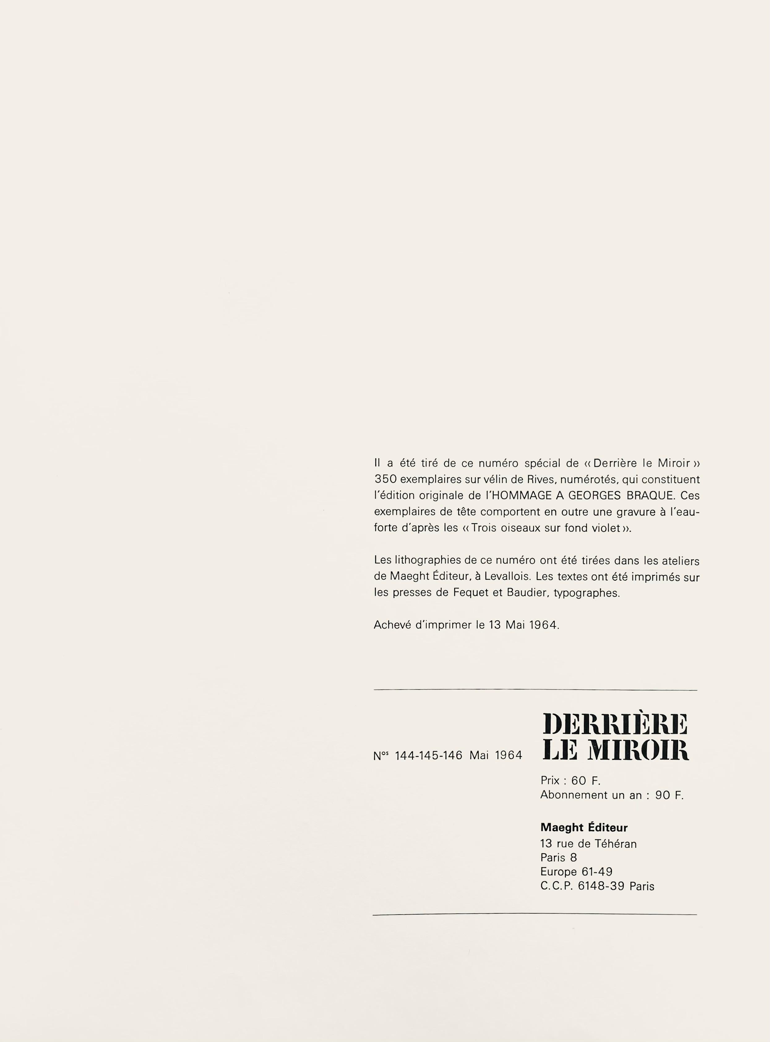 Lithograph on vélin paper. Inscription: Unsigned and unnumbered, as issued. Good condition, with centerfold, as issued. Notes: From Derrière le miroir, N° 144-145-146, 1964. Published by Aimé Maeght, Éditeur, Paris; printed by Éditions Pierre à Feu,