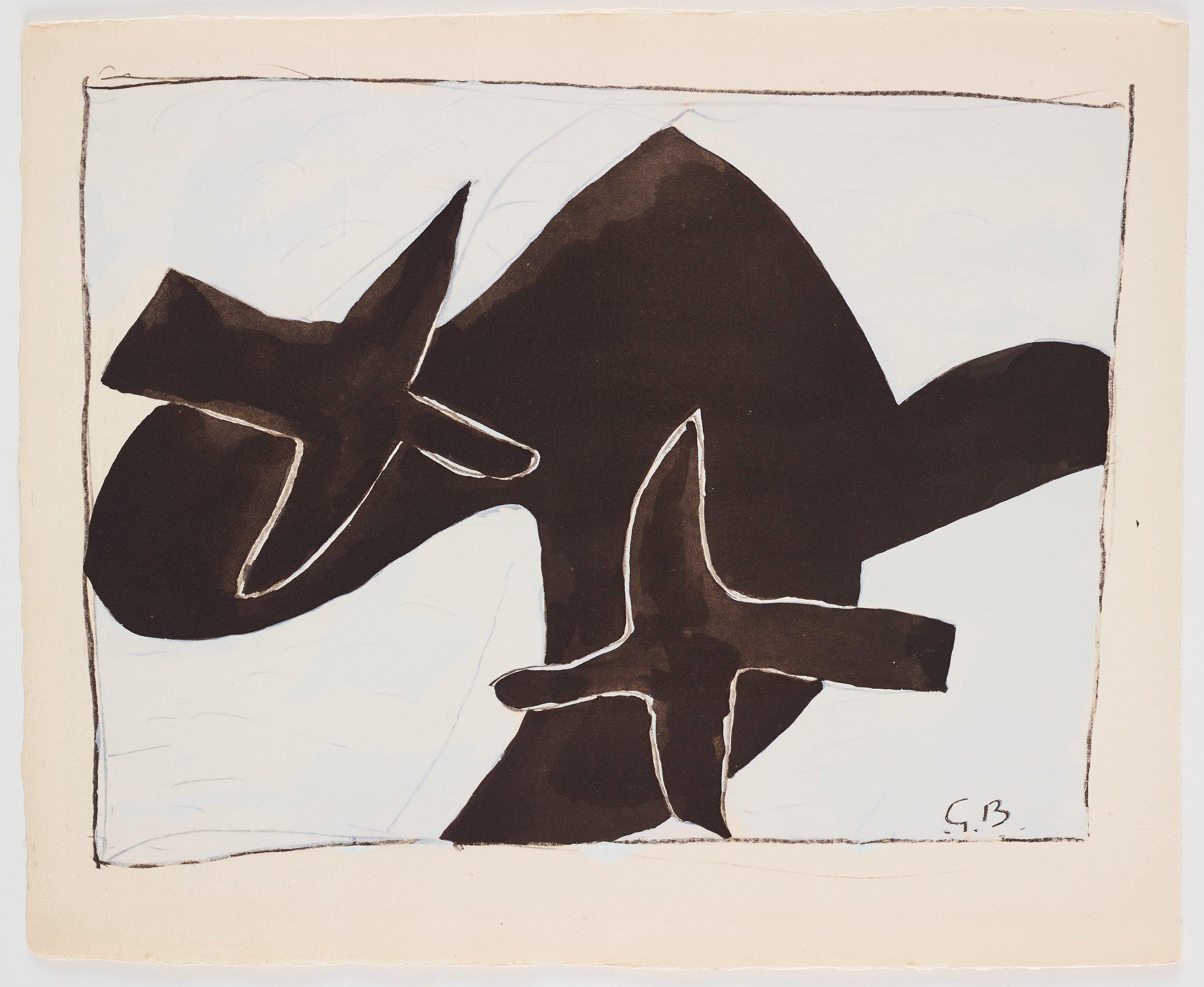Litografia e stencil su carta vélin a la cuve du moulin richard de bas specialement filigrané pour cette édition paper. Iscrizione: firmata nel piatto e non numerata, come da edizione. Buone condizioni. Note: dal volume Braque Espaces, 13 Dessins,