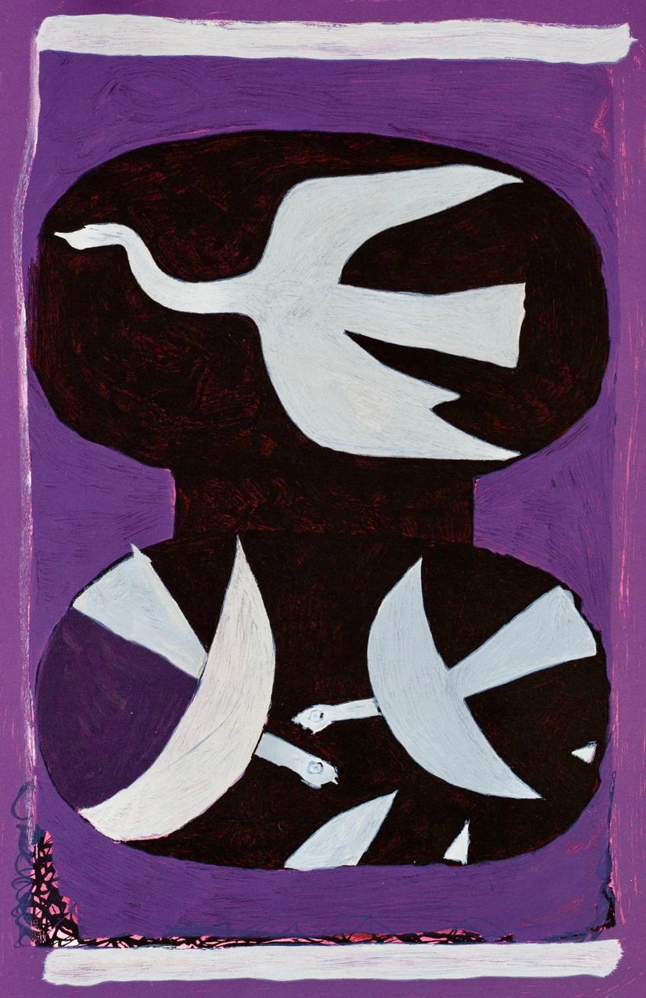 Braque, Trois oiseaux sur fond violet, Derrière le miroir (d'après) - Print de Georges Braque