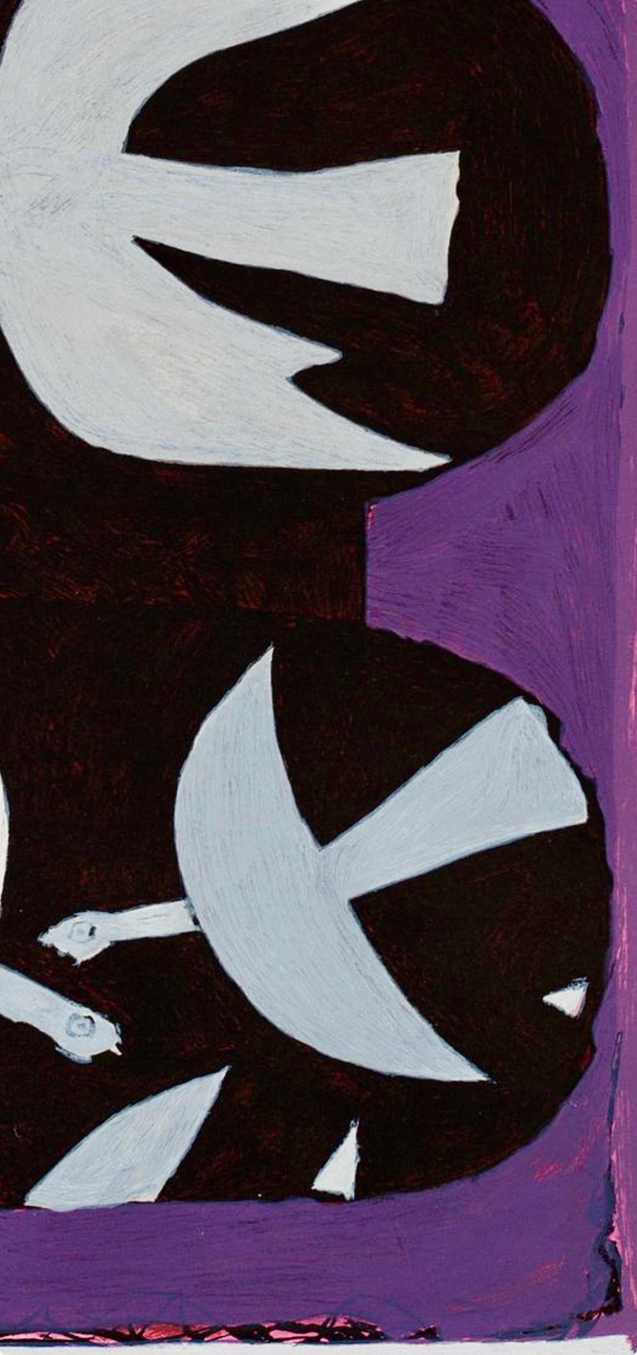 Braque, Trois oiseaux sur fond violet, Derrière le miroir (d'après) - Violet Still-Life Print par Georges Braque