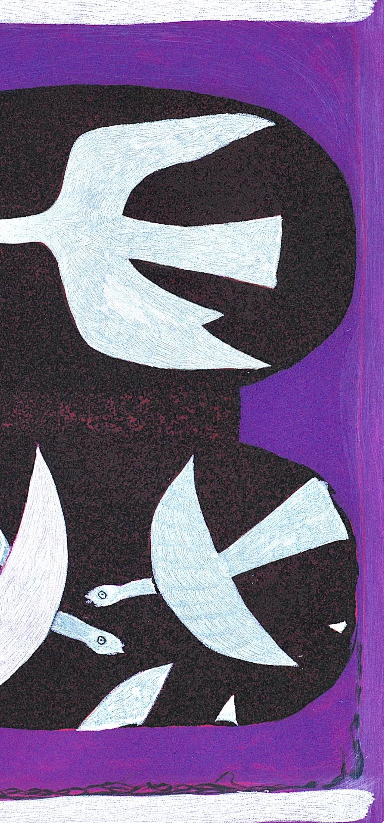 Braque, Trois oiseaux sur fond violet, Derrière le miroir (después) - Animal Print Púrpura de Georges Braque