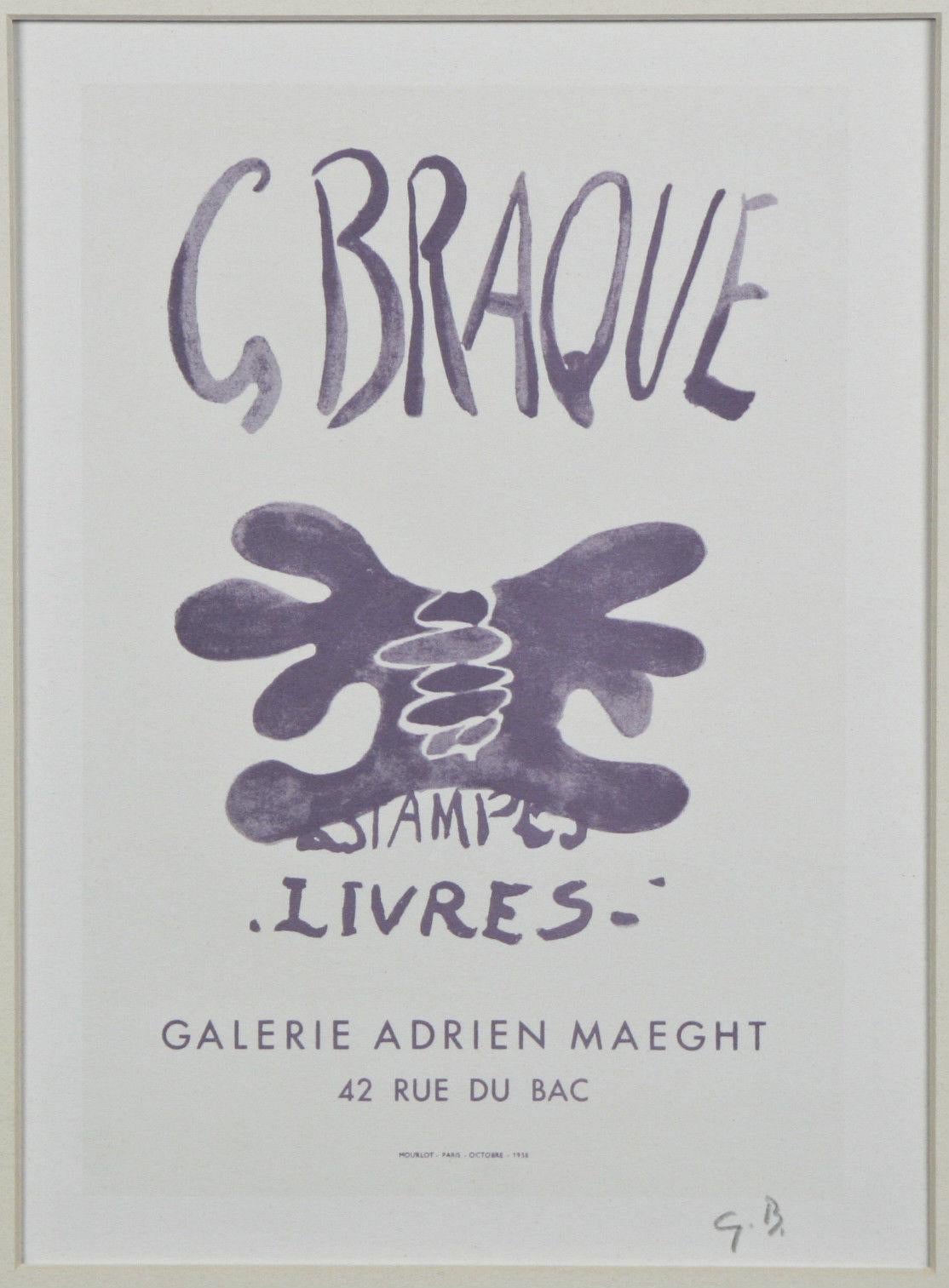 "Estampes Livres" Signed Offset Print by Georges Braque from Fernand Mourlot Book: Art in Posters 1959

Georges Braque (May 13, 1882 - August 31, 1963)
Color lithograph after the original poster from 1958
Entire print measures: 12 1/2"x9 1/2", Image