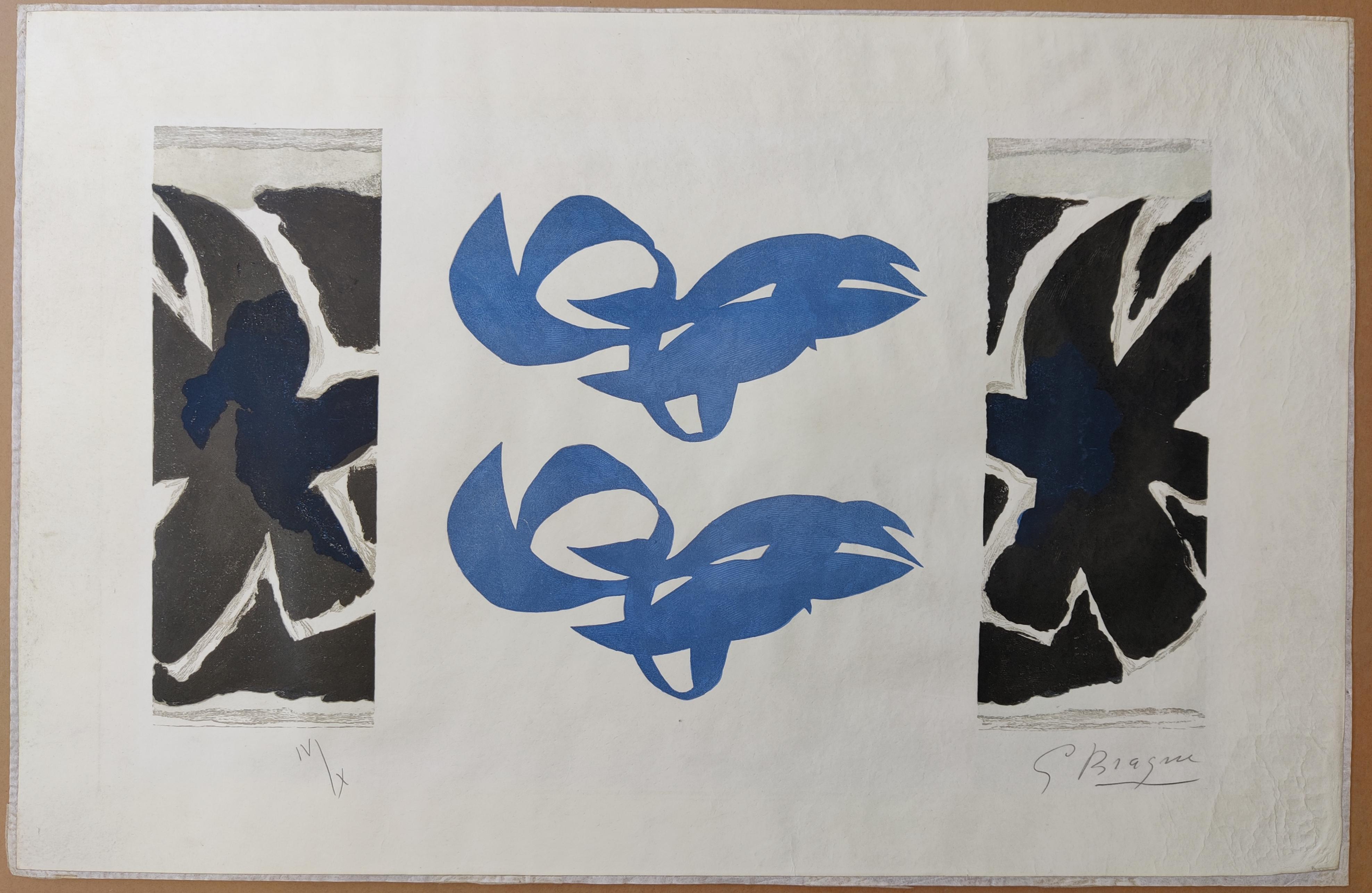 Georges Braque 
Si je mourais là-bas (If I Died There) (Vallier 181), 1962
Wood engraving printed in blue, on Japon paper
Hand signed lower right
Edition IV / X lower left
Printed by Féquet and Baudier, Paris. 
Published by Louis Broder, Paris. 
It