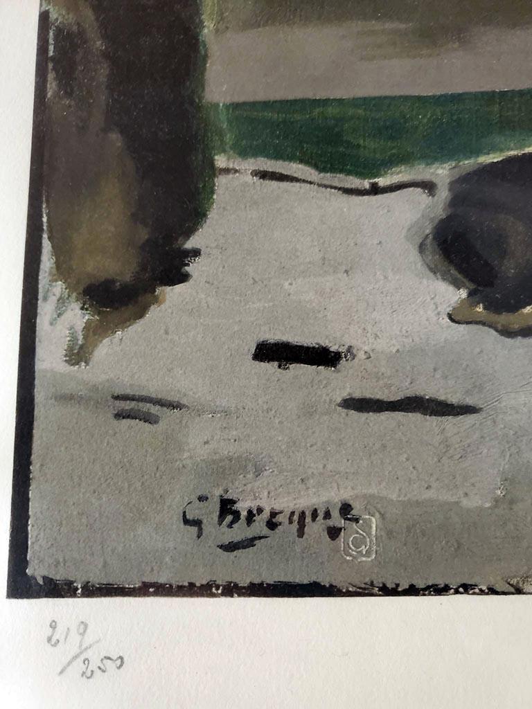 Utilizing cool shades of grays, blues, and greens, Braque (Argenteuil-sur-Seine, 1882- Paris, 1963) depicts the calm before the storm. A peaceful rowboat rests on the shore beneath a cloudy, overcast sky. Braque utilizes line and shadow to add depth